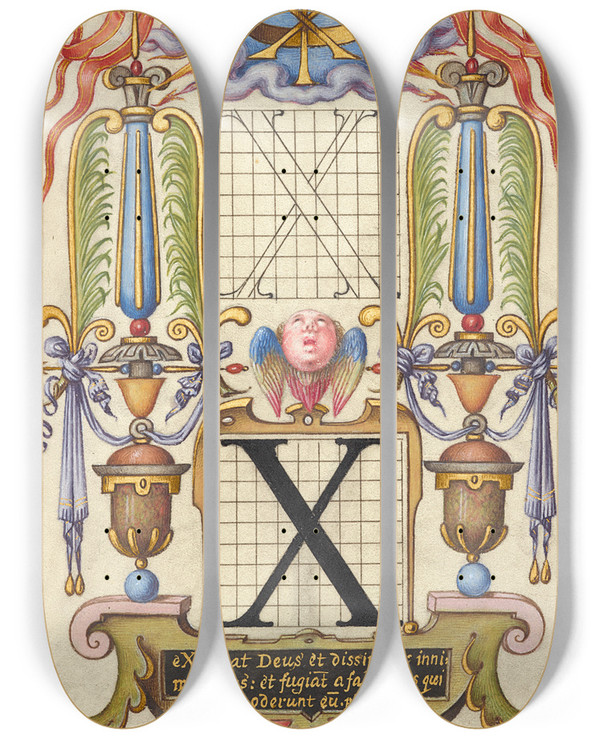 Triptych art skateboard deck of Joris Hoefnagel Guide For Constructing The Letter X by Joris Hoefnagel (1542-1600)