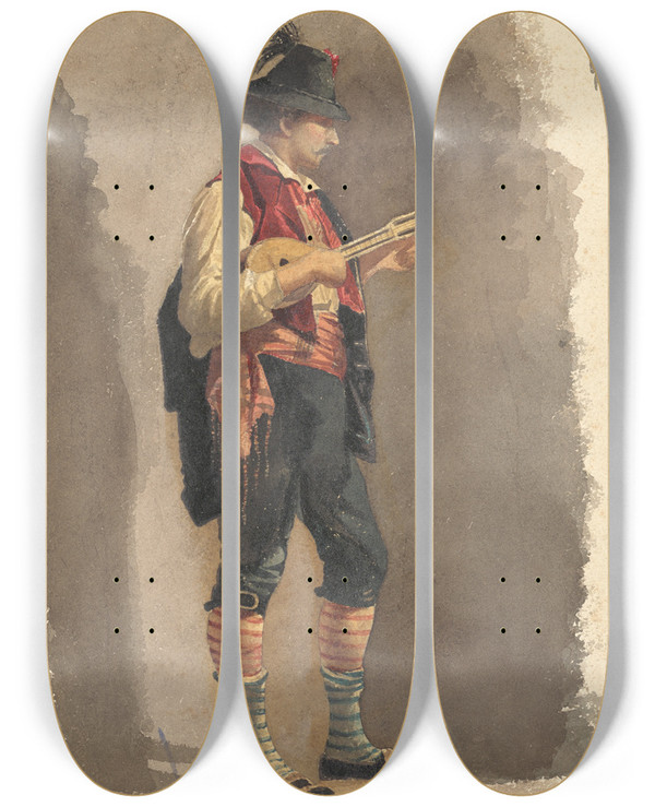 Triptych art skateboard deck of Circle Of Mariano Fortuny Y Carb Standing Musician by Circle Of Mariano Fortuny Y Carbo (1838-1874)