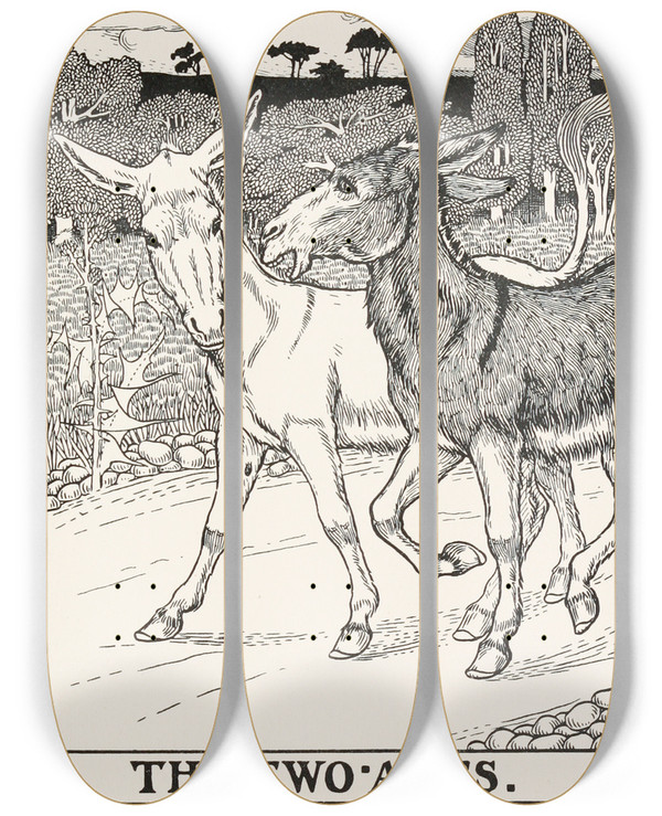Triptych art skateboard deck of Percy J Billinghurst The Two Asses by Percy J Billinghurst (1871-1933)