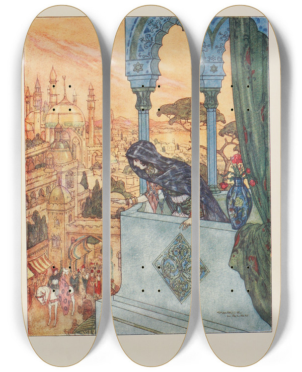 Triptych art skateboard deck of Maurice Lalau The Brother Entered Proudly On His Courser by Maurice Lalau