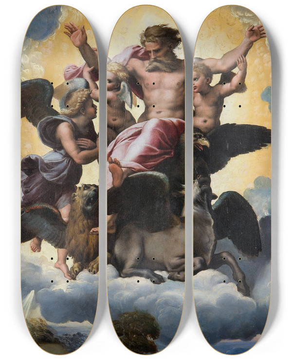Triptych art skateboard deck of Raphael Ezekiels Vision by Raphael (1483-1520)