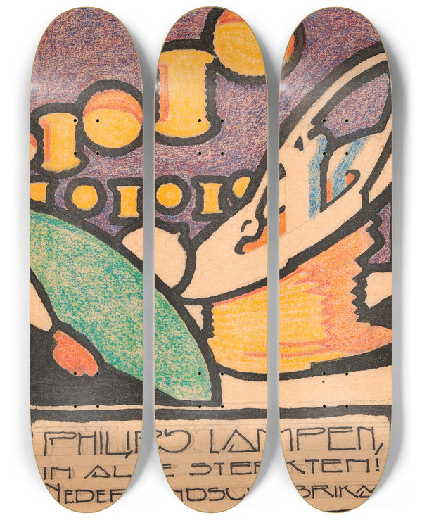 Triptych art skateboard deck of Reijer Stolk Ontwerp Voor Reclame Voor Philips Lampen_3 by Reijer Stolk (1896-1945)