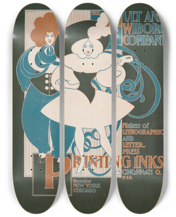 Triptych art skateboard deck of Will Bradley Ault And Wiborg Ad 130 by Will Bradley (1868-1962)