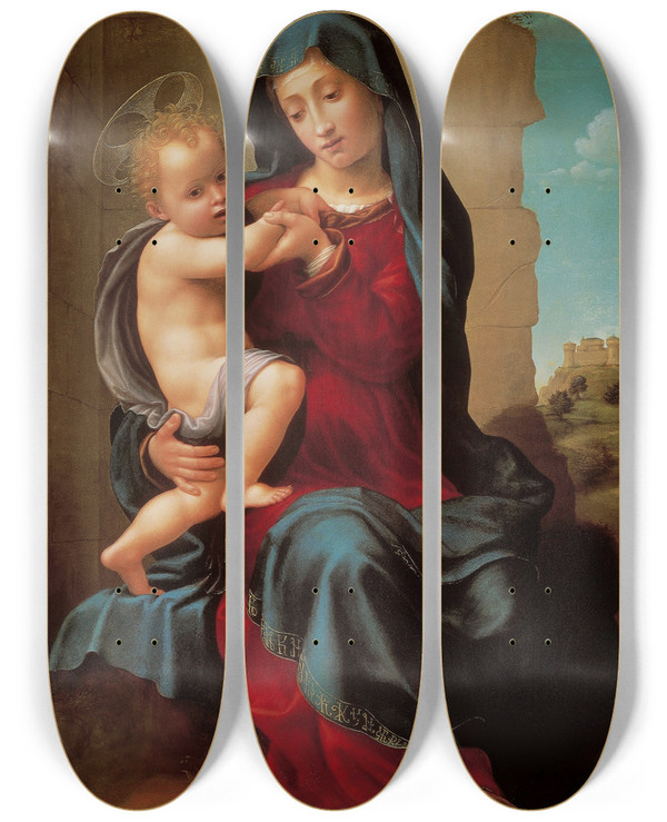 Triptych art skateboard deck of Giuliano Bugiardini Virgin And Child by Giuliano Bugiardini (1475-1554)
