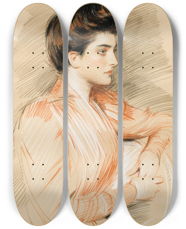 Triptych art skateboard deck of Paul Csar Helleu Profile Portrait Of Elisabeth Van Biema by Paul Cesar Helleu (1859-1927)