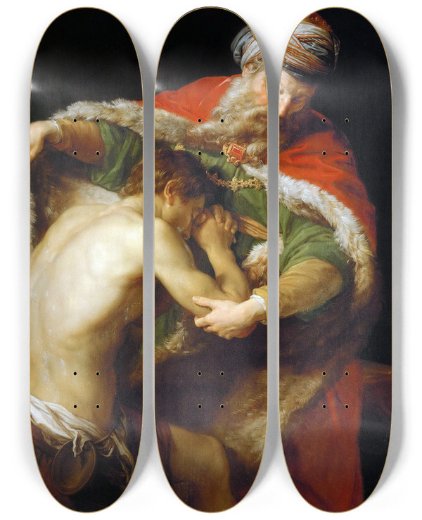 Triptych art skateboard deck of Pompeo Batoni The Return Of The Prodigal Son by Pompeo Batoni (1708-1787)