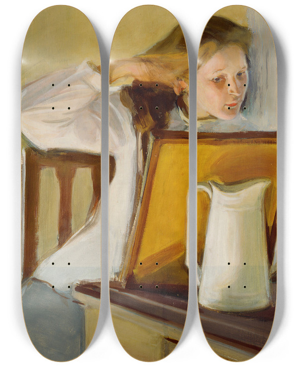 Triptych art skateboard deck of Magnus Enckell Girl Straightening Her Hair by Magnus Enckell (1870-1925)