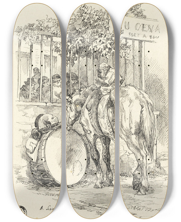 Triptych art skateboard deck of Auguste Andre Lanon Horse With Monkey On Back by Auguste Andre Lancon (1836-1887)