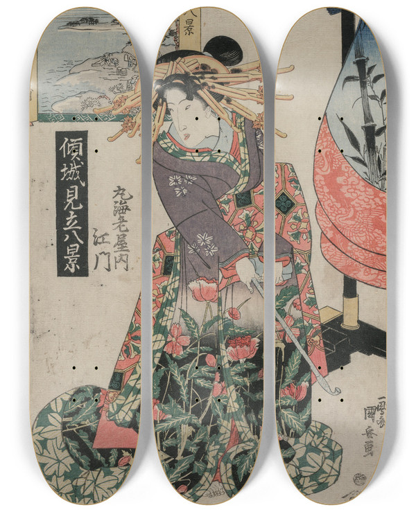 Triptych art skateboard deck of Utagawa Kuniyasu The Courtesan Emon Of Maruebiya With A View Of Tago Bay Form The Series Courtesans With A Playful Group Of Eight Views by Utagawa Kuniyasu (1794-1834)