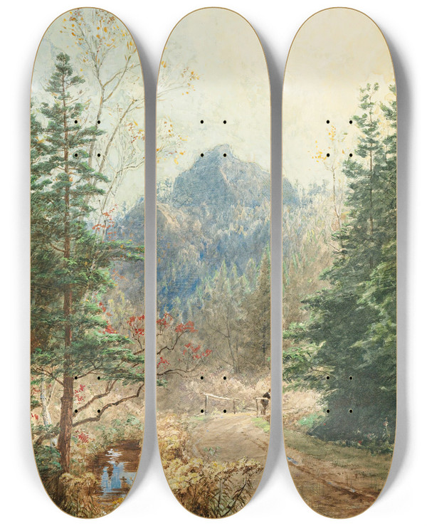 Triptych art skateboard deck of Jasper Francis Cropsey Greenwood Notch New Jersey by Jasper Francis Cropsey (1823-1900)