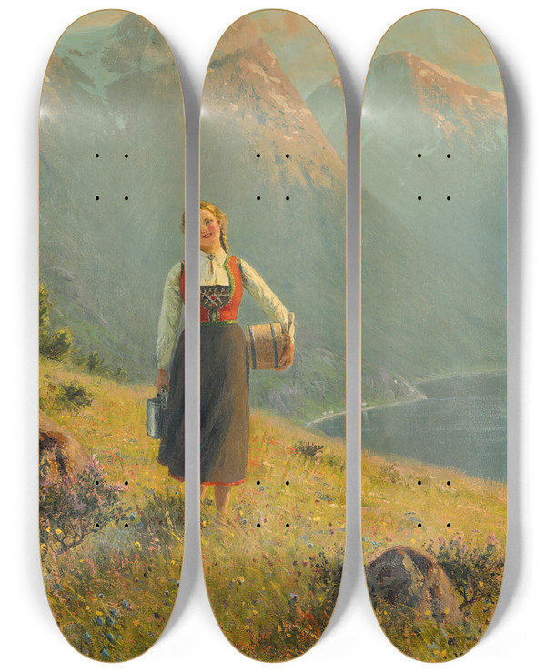 Triptych art skateboard deck of Hans Dahl Young Girl By A Fjord by Hans Dahl (1849-1937)