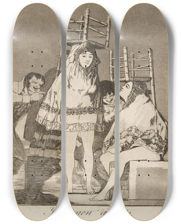 Triptych art skateboard deck of Francisco De Goya Ya Tienen Asiento Theyve Already Got A Seat by Francisco de Goya (1746-1828)