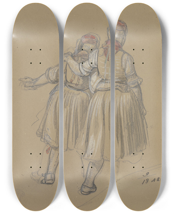 Triptych art skateboard deck of Jakob Frchtegott Dielmann Rckenansicht Zweier Nebeneinander Gehender Mdchen In Hessischer Tracht by Jakob Furchtegott Dielmann (1809-1885)