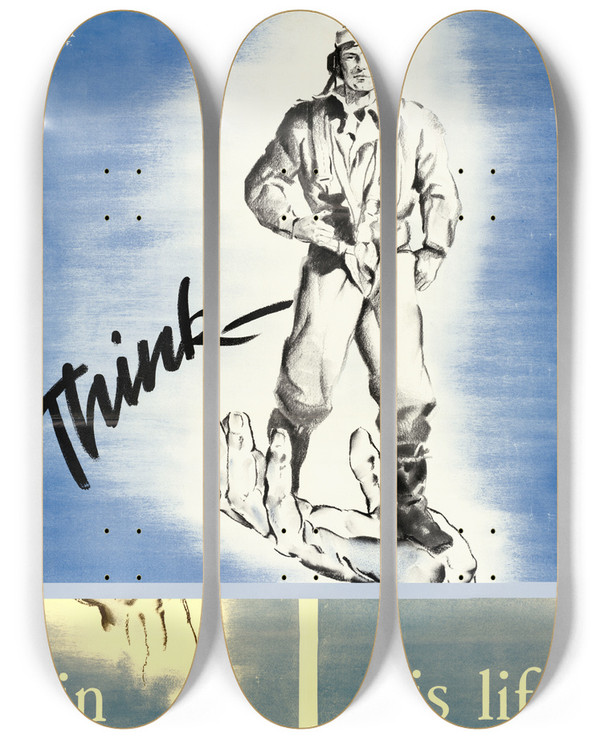 Triptych art skateboard deck of Donald Kenneth Anderson Think His Life Is In Your Hands by Donald Kenneth Anderson (1920-2009)
