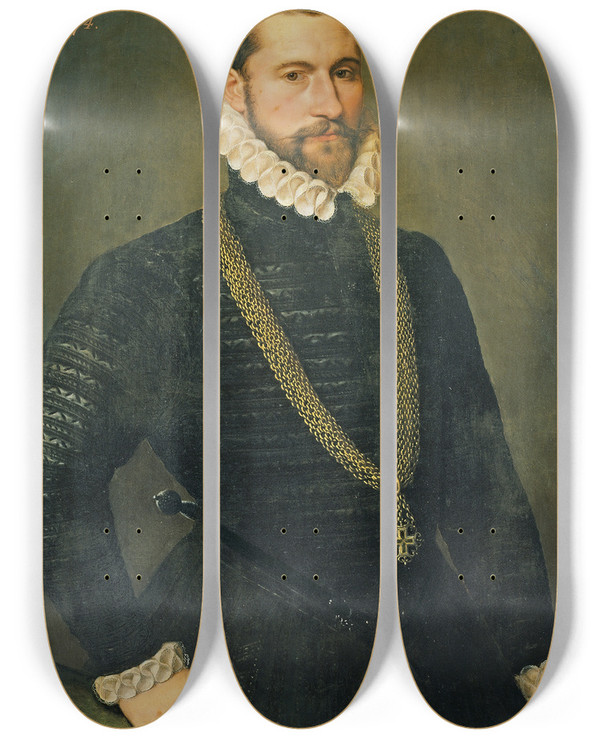 Triptych art skateboard deck of Frans Pourbus The Elder Portrait Of A Man by Frans Pourbus The Elder (1523-1584)