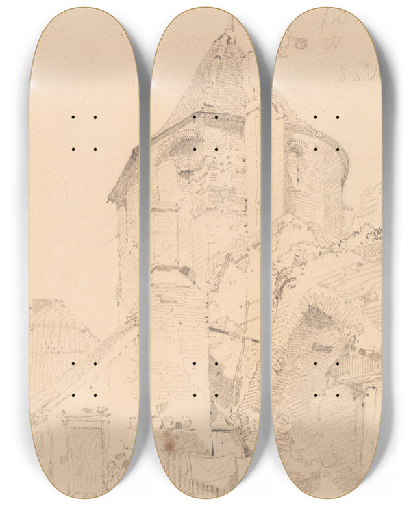 Triptych art skateboard deck of John Sell Cotman Yarmouth The Northwest Tower by John Sell Cotman (1782-1842)