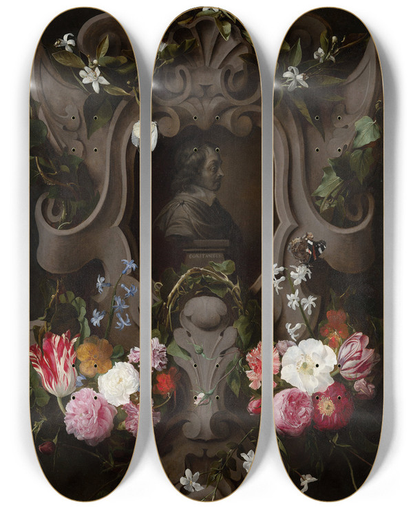 Triptych art skateboard deck of Daniel Seghers Bust Of Constantijn Huygens Surrounded By A Garland Of Flowers by Daniel Seghers (1590-1661)