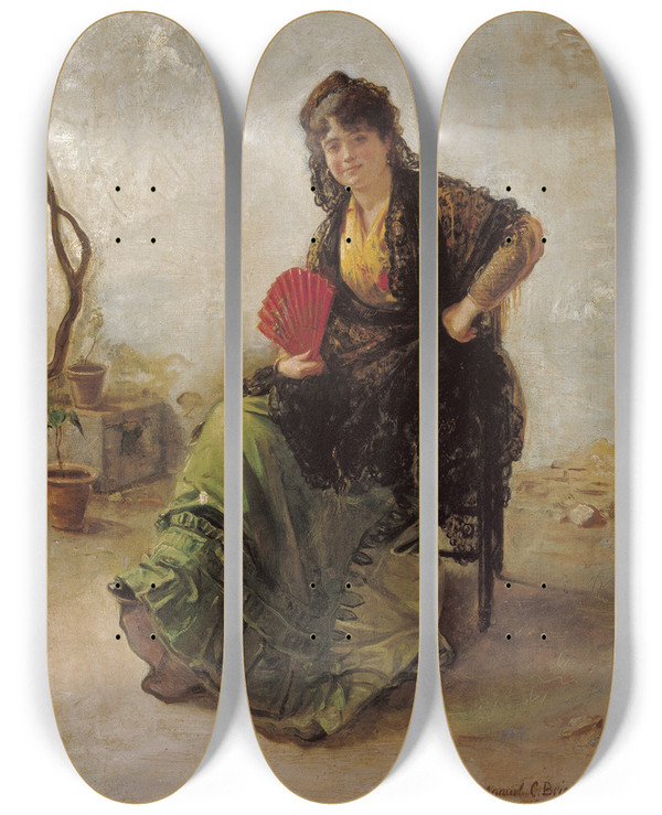 Triptych art skateboard deck of Manuel Cabral Aguado Bejarano Maja With Red Fan by Manuel Cabral Aguado Bejarano (1827-1891)
