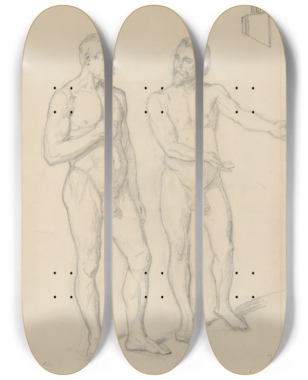 Triptych art skateboard deck of Jzef Simmler Nude Sketches Of The Figure Of King Sigismund I And Hetman Tarnowski In The Painting The Upbringing Of Sigismund Augustus by Jozef Simmler (1823-1868)