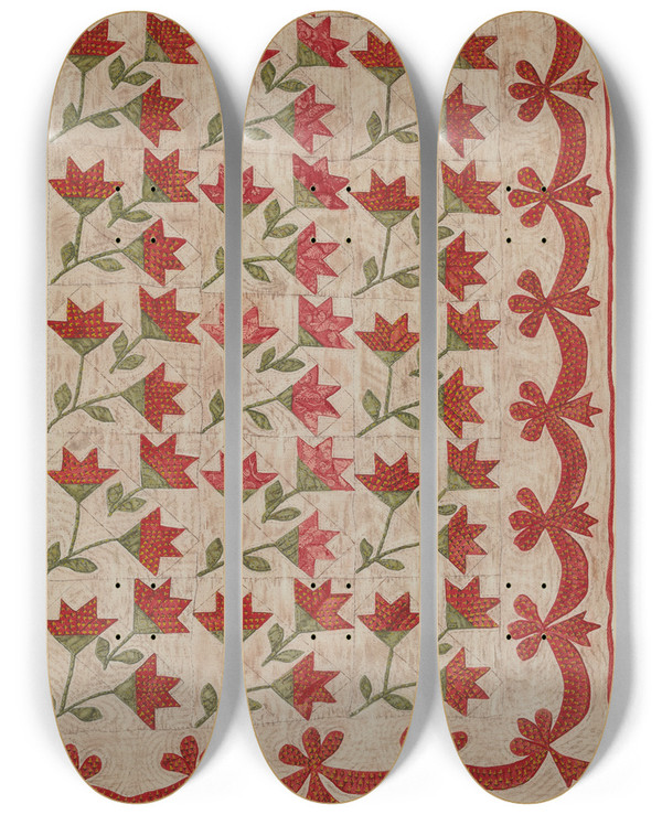 Triptych art skateboard deck of Mildred E Bent Appliqued Quilt_1 by Mildred E Bent