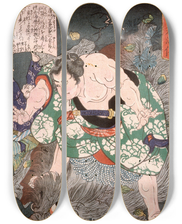 Triptych art skateboard deck of Tsukioka Yoshitoshi Inuta Kobungo Yasuyori Killing A Boar by Tsukioka Yoshitoshi (1839-1892)