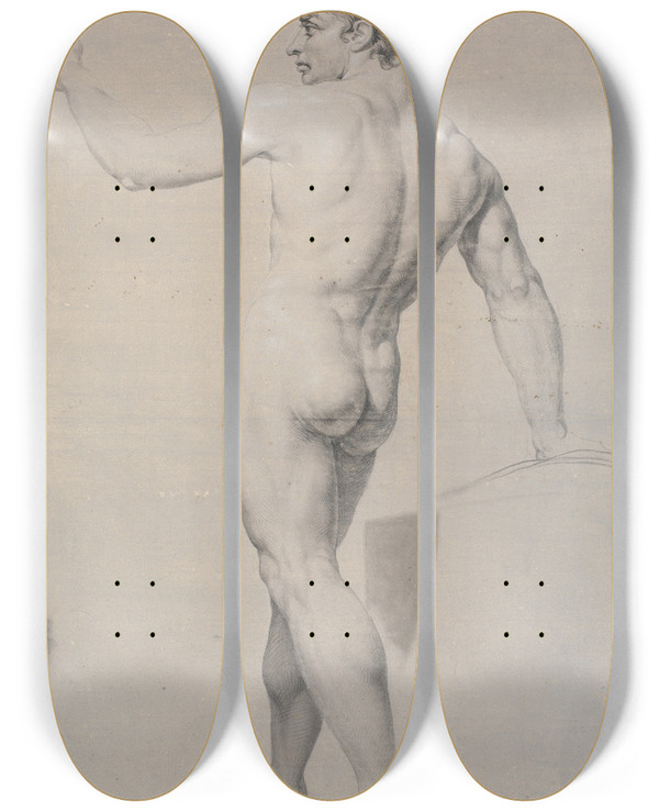Triptych art skateboard deck of Jens Juel Model Stende Set Fra Ryggen Venstre Arm Lftet by Jens Juel (1745-1802)
