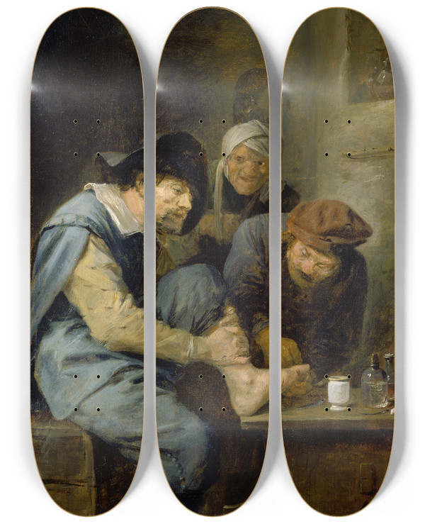 Triptych art skateboard deck of Adriaen Brouwer The Foot Operation by Adriaen Brouwer (1605-1638)