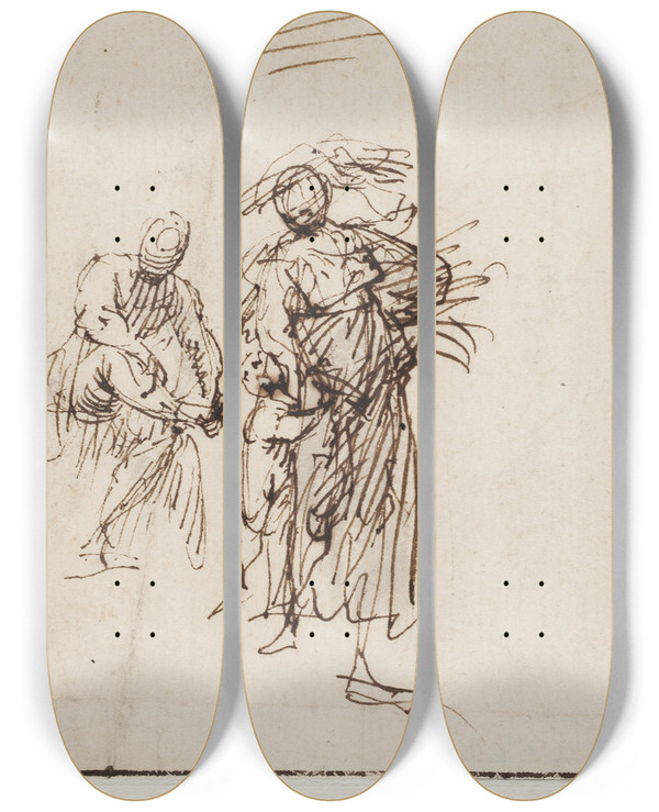 Triptych art skateboard deck of Francesco Allegrini Skitse Af En Gende Kvinde Med Et Barn Ved Sin Side I Baggrunden En Siddende Figur by Francesco Allegrini (1587-1663)