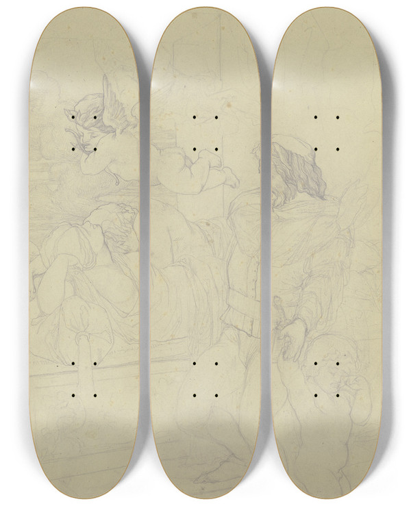 Triptych art skateboard deck of Victor Mller Ein Mann Berrascht Ein Liebespaar by Victor Muller (1829-1871)