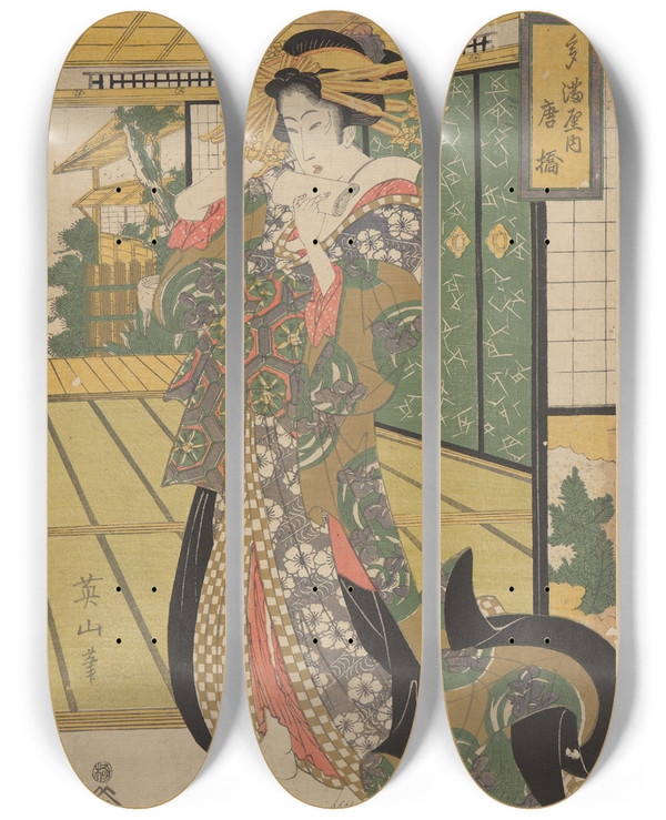 Triptych art skateboard deck of Eizan Kikukawa Geisha by Kikukawa Eizan (1787-1867)