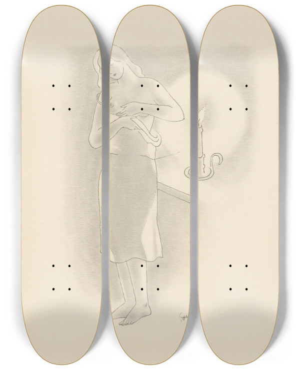 Triptych art skateboard deck of Mikul Galanda Woman With Shirt I by Mikulas Galanda (1895-1938)