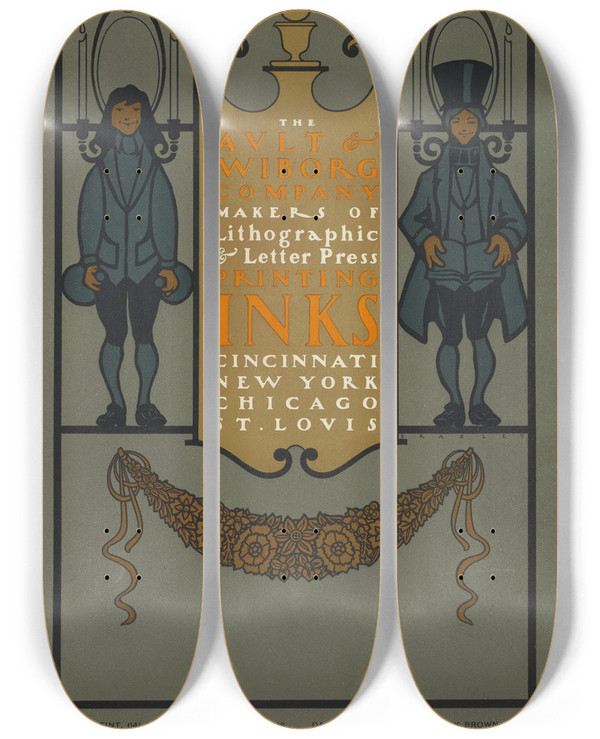 Triptych art skateboard deck of Will Bradley Ault And Wiborg Ad 137 by Will Bradley (1868-1962)