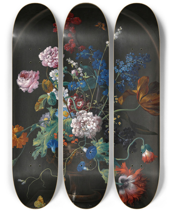 Triptych art skateboard deck of Johann Baptist Drechsler A Still Life Of Roses Tulips Anemones Bluebells And Other Flowers In A Vasein A Stone Niche by Johann Baptist Drechsler (1756-1811)