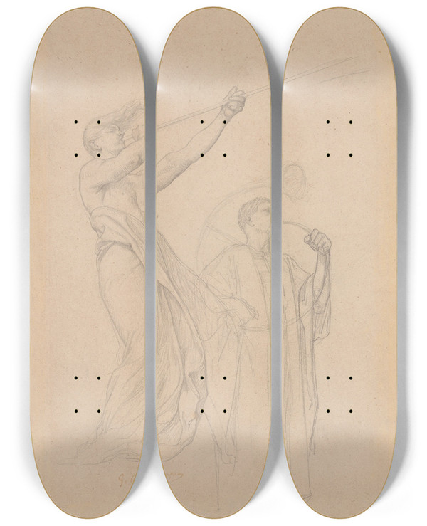 Triptych art skateboard deck of Gustave Boulanger Two Musicians by Gustave Boulanger (1824-1888)