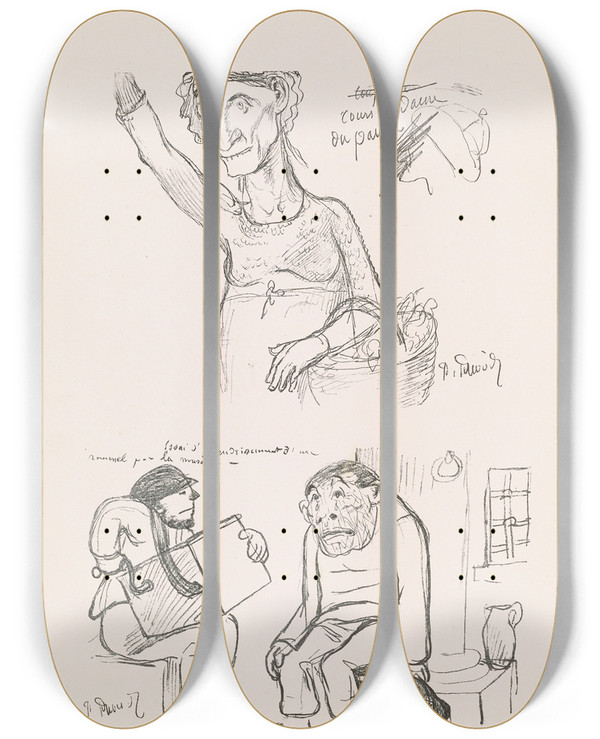 Triptych art skateboard deck of Pierre Puvis De Chavannes Les Caricatures De Puvis De Chavannes Pl17 by Pierre Puvis De Chavannes (1824-1898)
