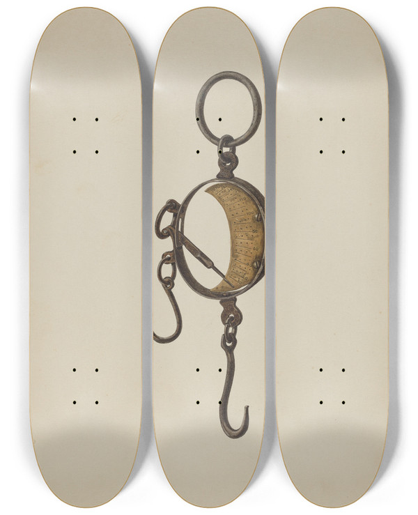 Triptych art skateboard deck of Max Unger Scale by Max Unger