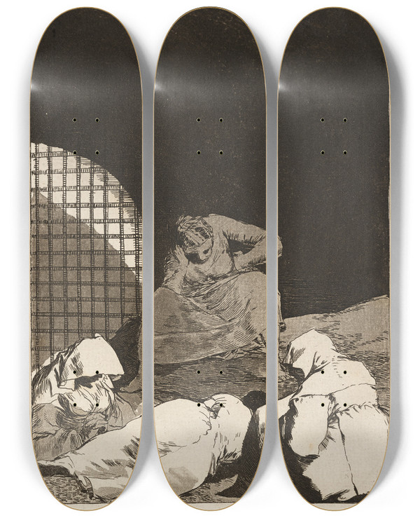 Triptych art skateboard deck of Francisco De Goya Las Rinde El Sueo Sleep Overcomes Them by Francisco de Goya (1746-1828)