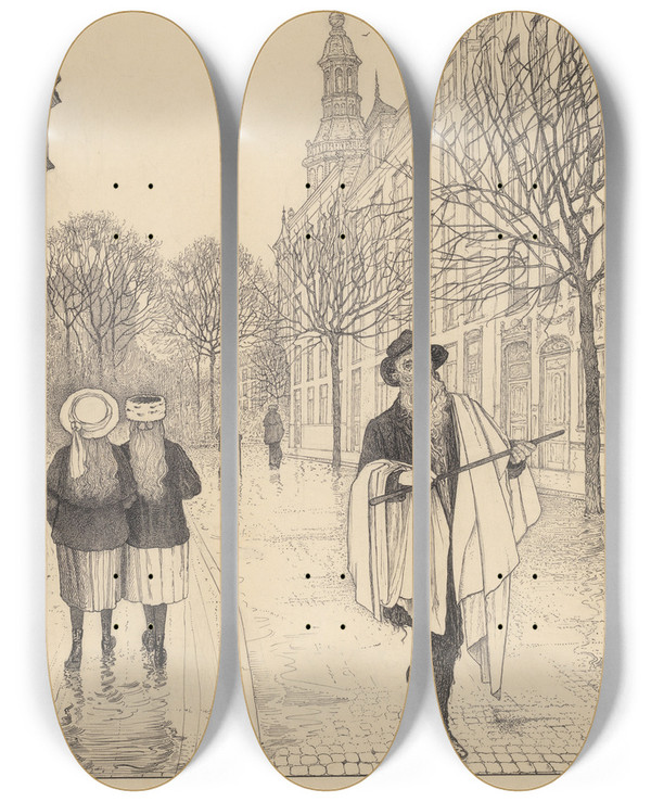 Triptych art skateboard deck of Willem Pothast Oude Man Met Stok Op Een Straat by Willem Pothast (1877-1916)