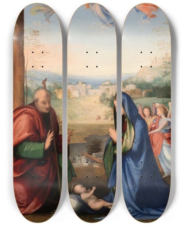 Triptych art skateboard deck of Fra Bartolomeo The Nativity by Fra Bartolomeo (1472-1517)