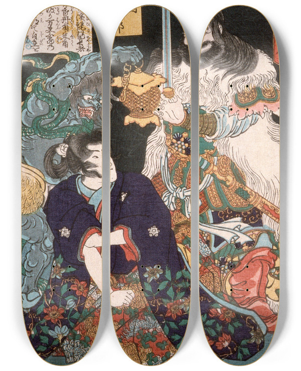 Triptych art skateboard deck of Tsukioka Yoshitoshi Sangoku Tar Kneeling Before Demon And Warrior by Tsukioka Yoshitoshi (1839-1892)