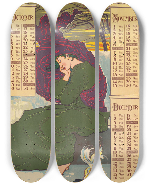 Triptych art skateboard deck of Louis Rhead October November December by Louis Rhead (1857-1926)