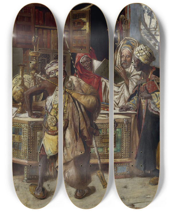 Triptych art skateboard deck of Gyula Tornai At The Bazaar by Gyula Tornai (1861-1928)
