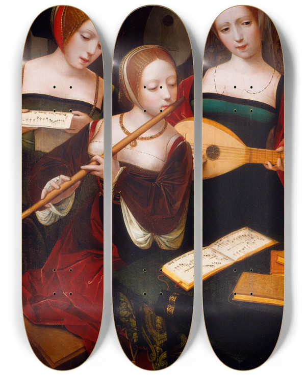 Triptych art skateboard deck of Master Of The Female Halflengths Three Musicians by Master Of The Female Half Lengths (1520-1550)
