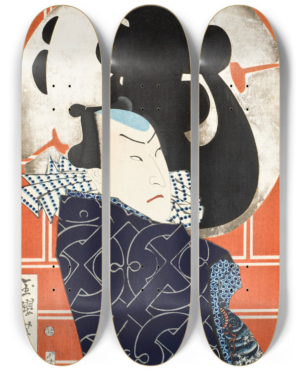 Triptych art skateboard deck of Tsukioka Yoshitoshi The Actor Band Hikosabur V And The Mo Troupe by Tsukioka Yoshitoshi (1839-1892)