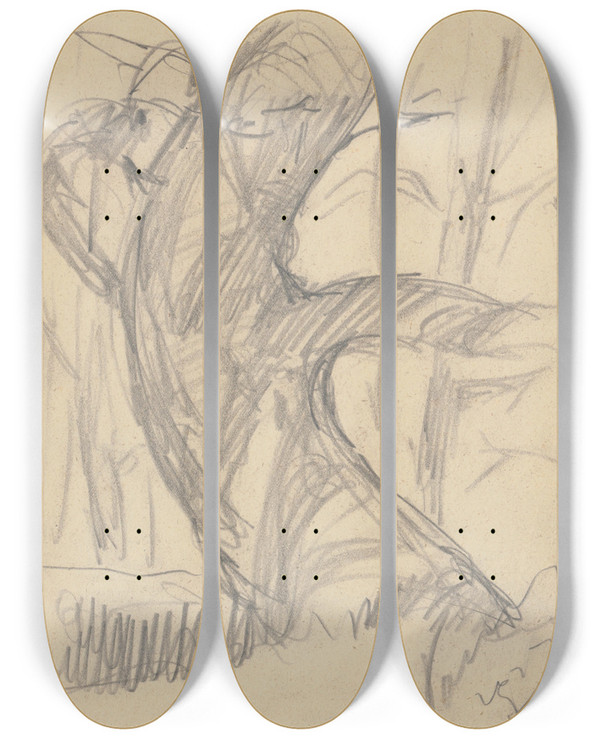 Triptych art skateboard deck of Zolo Palugyay Study Of An Old Tree by Zolo Palugyay (1898-1935)