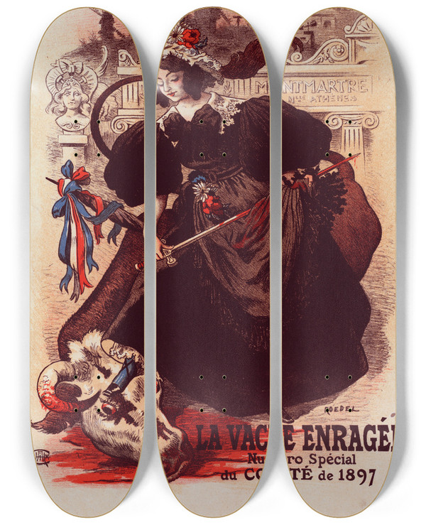 Triptych art skateboard deck of Auguste Roedel Vache Enrage by Auguste Roedel (1859-1900)