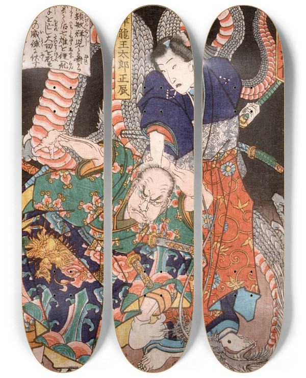 Triptych art skateboard deck of Tsukioka Yoshitoshi Wadatsu Ry Tar Masatatsu With Dragon And Assailant by Tsukioka Yoshitoshi (1839-1892)