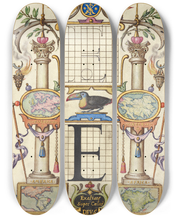 Triptych art skateboard deck of Joris Hoefnagel Guide For Constructing The Letter E by Joris Hoefnagel (1542-1600)