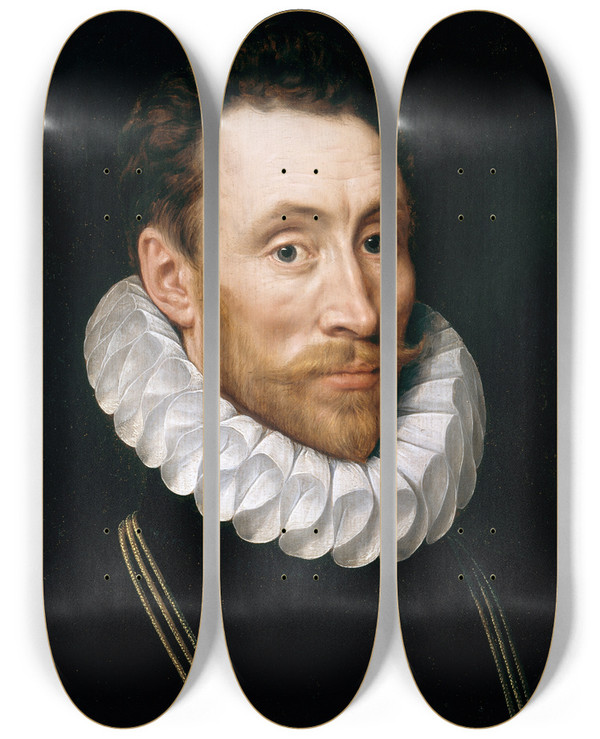 Triptych art skateboard deck of Adriaen Thomasz Key Portrait Of A Man Aged 31 by Adriaen Thomasz Key (1544-1589)