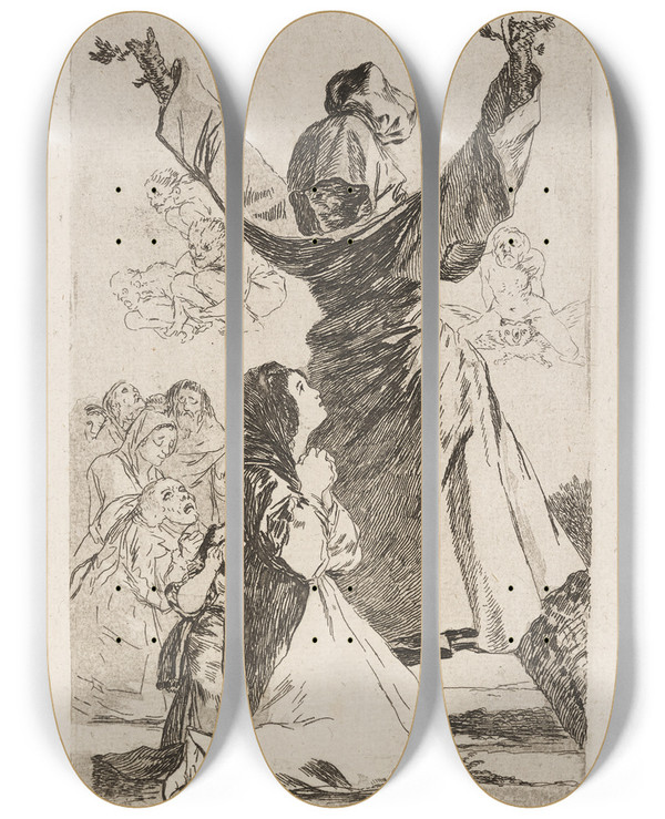 Triptych art skateboard deck of Francisco De Goya Lo Que Puede Un Sastre What A Tailor Can Do by Francisco de Goya (1746-1828)
